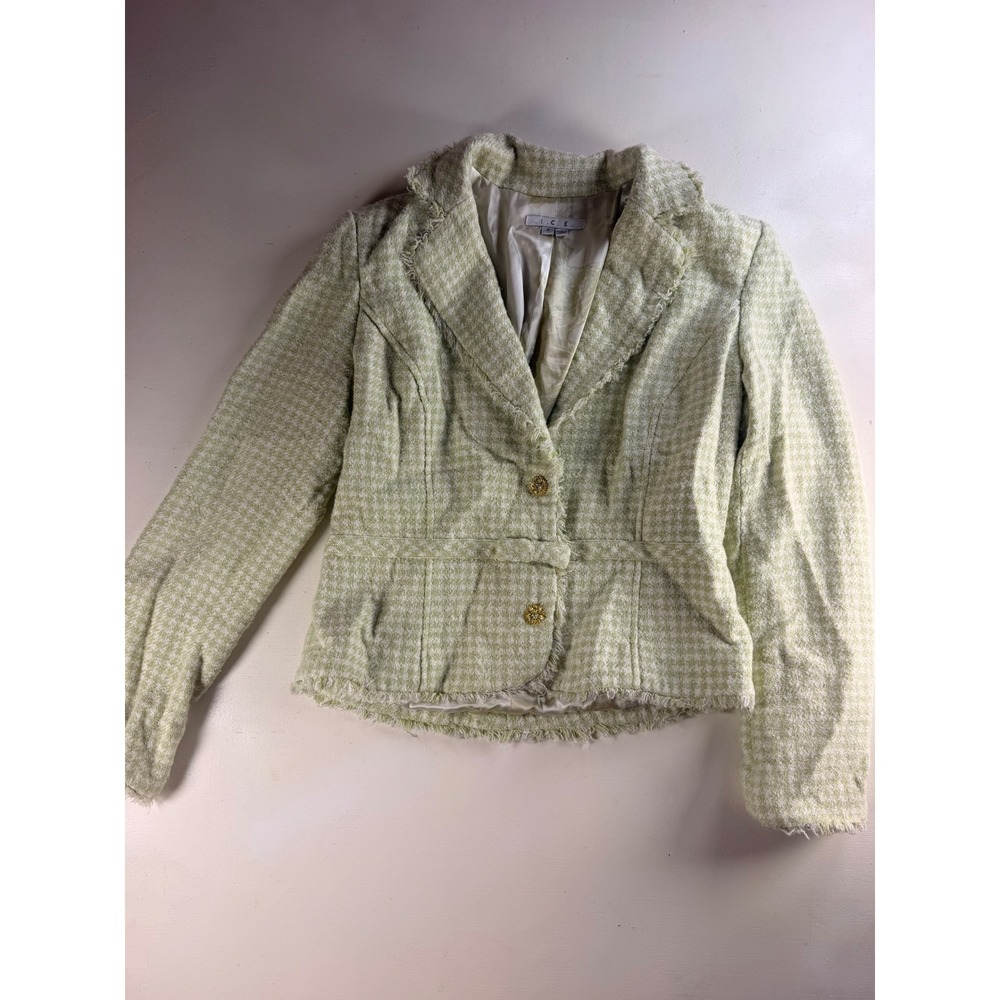 I.C.E. Tweed Blazer Women Size 8 Sage Green Y2K Silk Blend Fringed Houndstooth